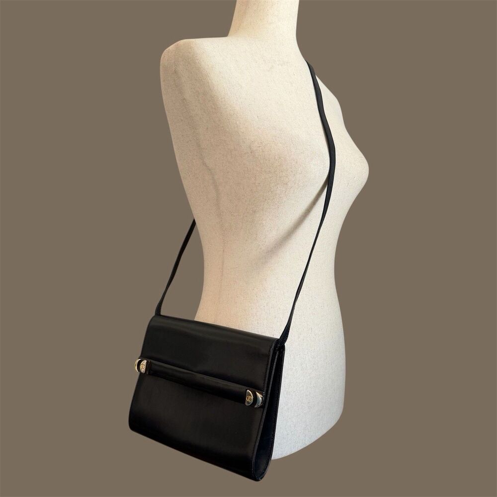 Gucci Vintage Crossbody Clutch Bag Solid Black Leather Minimalist Old Money Logo - Picture 1 of 11